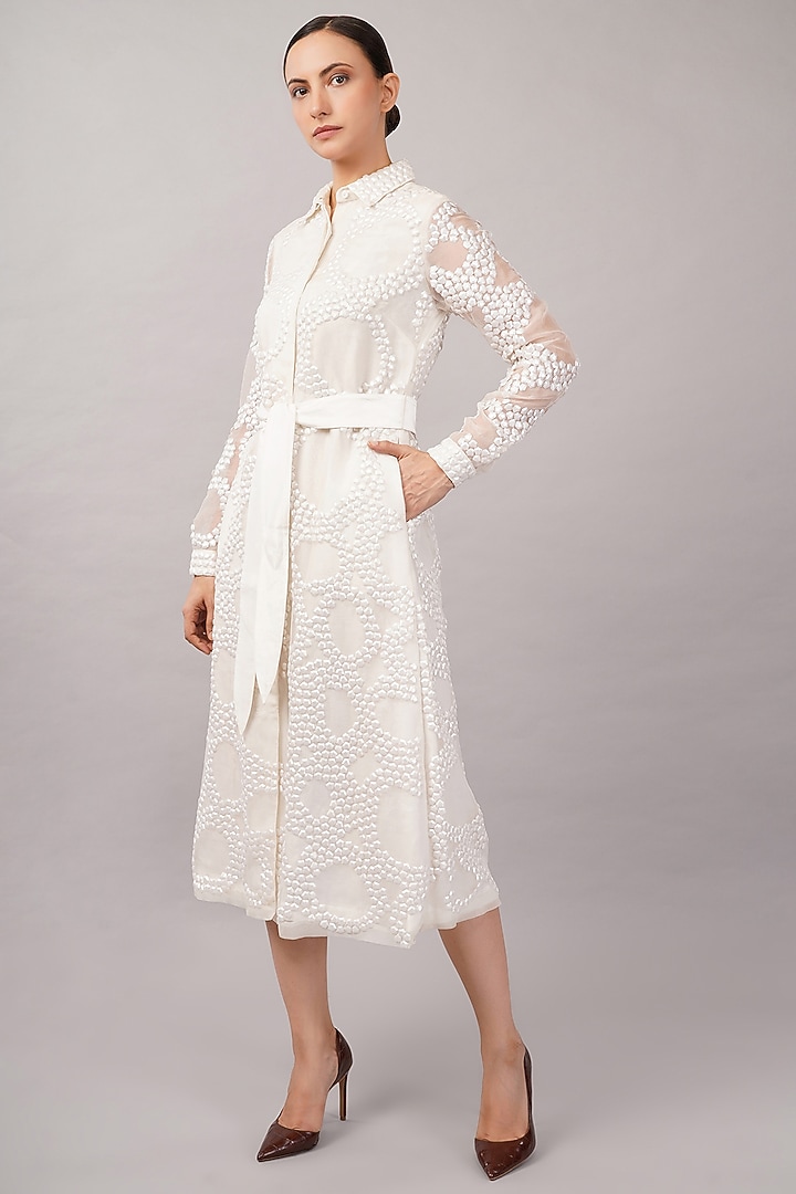 Ivory Viscose Organza Hand Embroidered Midi Vacation Dress by Abraham & Thakore at Pernia's Pop Up Shop