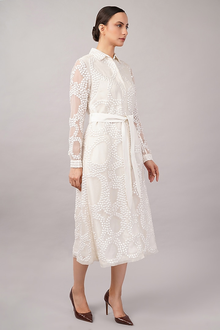 Ivory Viscose Organza Hand Embroidered Midi Vacation Dress by Abraham & Thakore at Pernia's Pop Up Shop