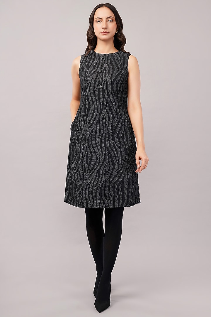 Black & Silver Viscose Crepe Thread Embroidered Mini Vacation Dress by Abraham & Thakore at Pernia's Pop Up Shop