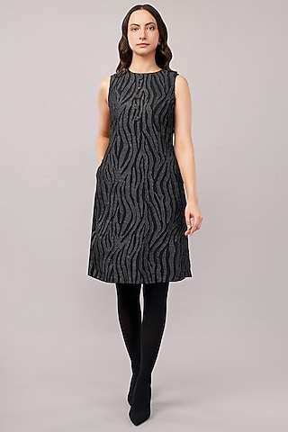 Black & Silver Viscose Crepe Thread Embroidered Mini Dress by Abraham & Thakore