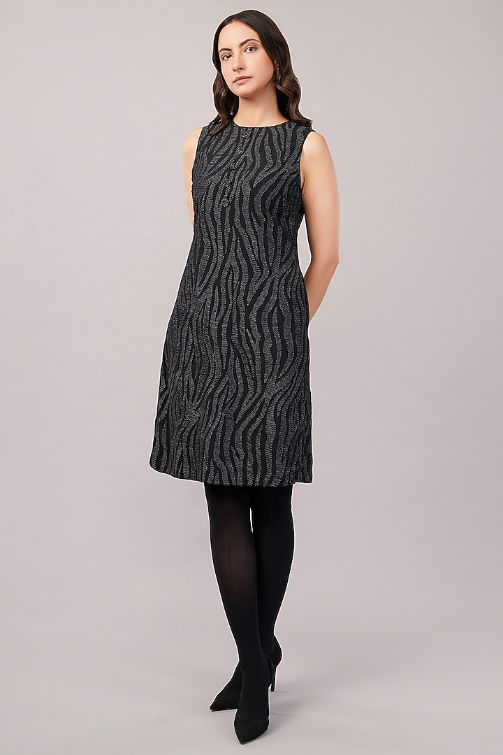 Black & Silver Viscose Crepe Thread Embroidered Mini Vacation Dress by Abraham & Thakore at Pernia's Pop Up Shop