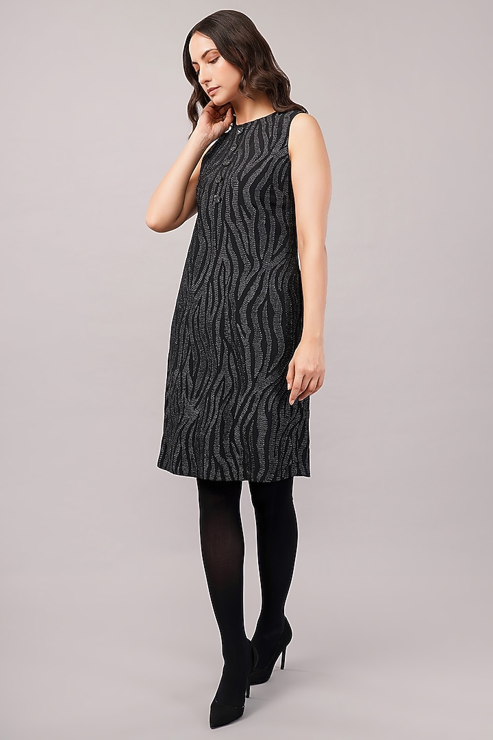 Black & Silver Viscose Crepe Thread Embroidered Mini Vacation Dress by Abraham & Thakore at Pernia's Pop Up Shop