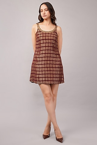 Burgundy Silk Georgette Sequins Embellished Mini Dress by Abraham & Thakore