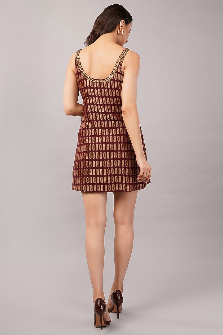 Burgundy Silk Georgette Sequins Embellished Mini Vacation Dress by Abraham & Thakore at Pernia's Pop Up Shop