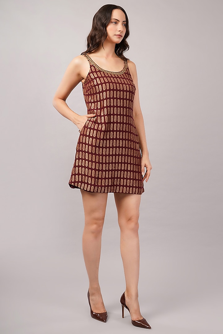 Burgundy Silk Georgette Sequins Embellished Mini Vacation Dress by Abraham & Thakore at Pernia's Pop Up Shop