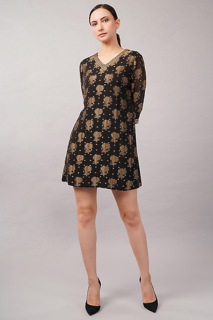 Black Silk Georgette Sequins Embellished Mini Vacation Dress by Abraham & Thakore at Pernia's Pop Up Shop