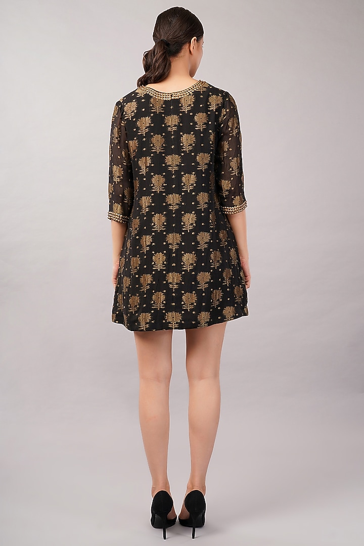 Black Silk Georgette Sequins Embellished Mini Vacation Dress by Abraham & Thakore at Pernia's Pop Up Shop