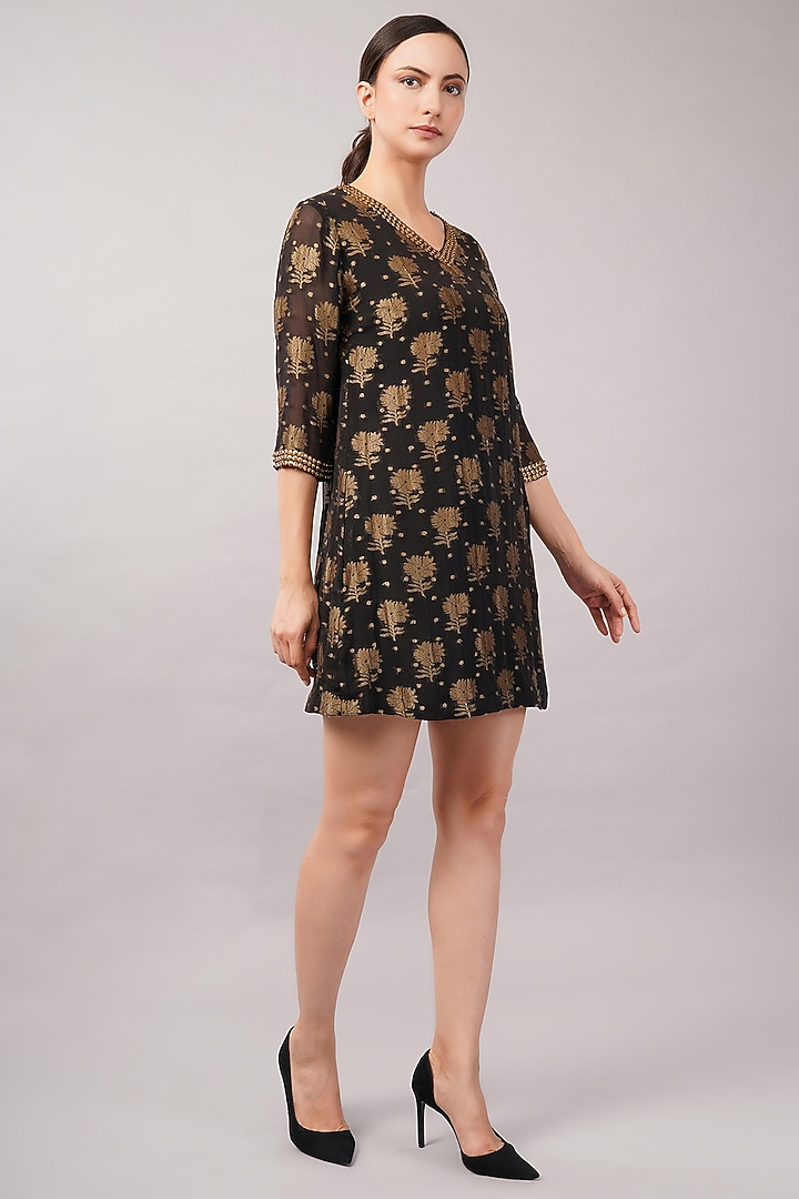 Black Silk Georgette Sequins Embellished Mini Vacation Dress by Abraham & Thakore at Pernia's Pop Up Shop