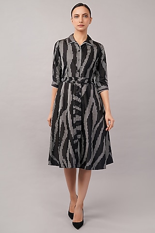Black Silk Handwoven Ikat Fabric Midi Dress by Abraham & Thakore