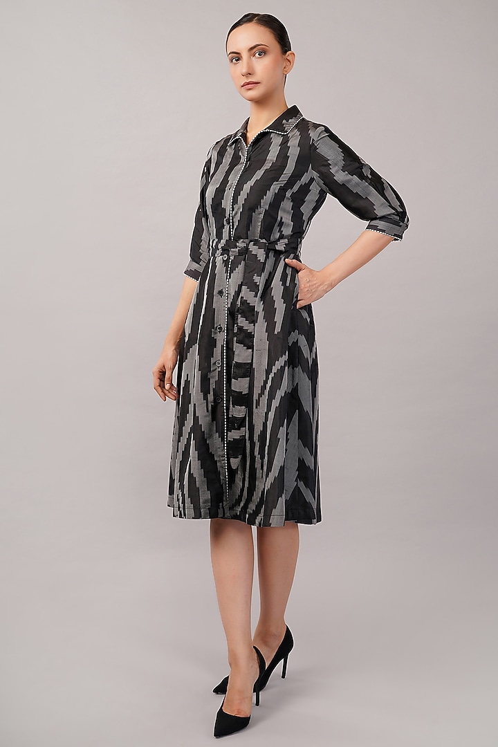 Black Silk Handwoven Ikat Fabric Midi Vacation Dress by Abraham & Thakore at Pernia's Pop Up Shop