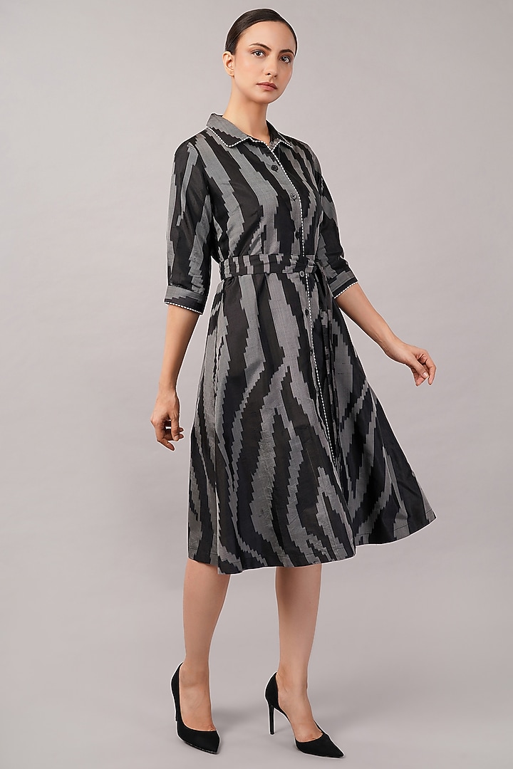 Black Silk Handwoven Ikat Fabric Midi Vacation Dress by Abraham & Thakore at Pernia's Pop Up Shop