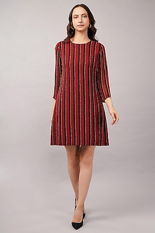 Maroon Viscose Georgette Hand Block Printed Mini Dress by Abraham & Thakore