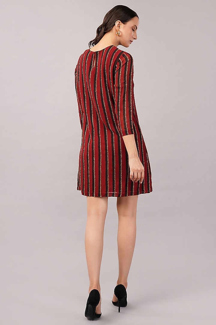 Maroon Viscose Georgette Hand Block Printed Mini Vacation Dress by Abraham & Thakore at Pernia's Pop Up Shop