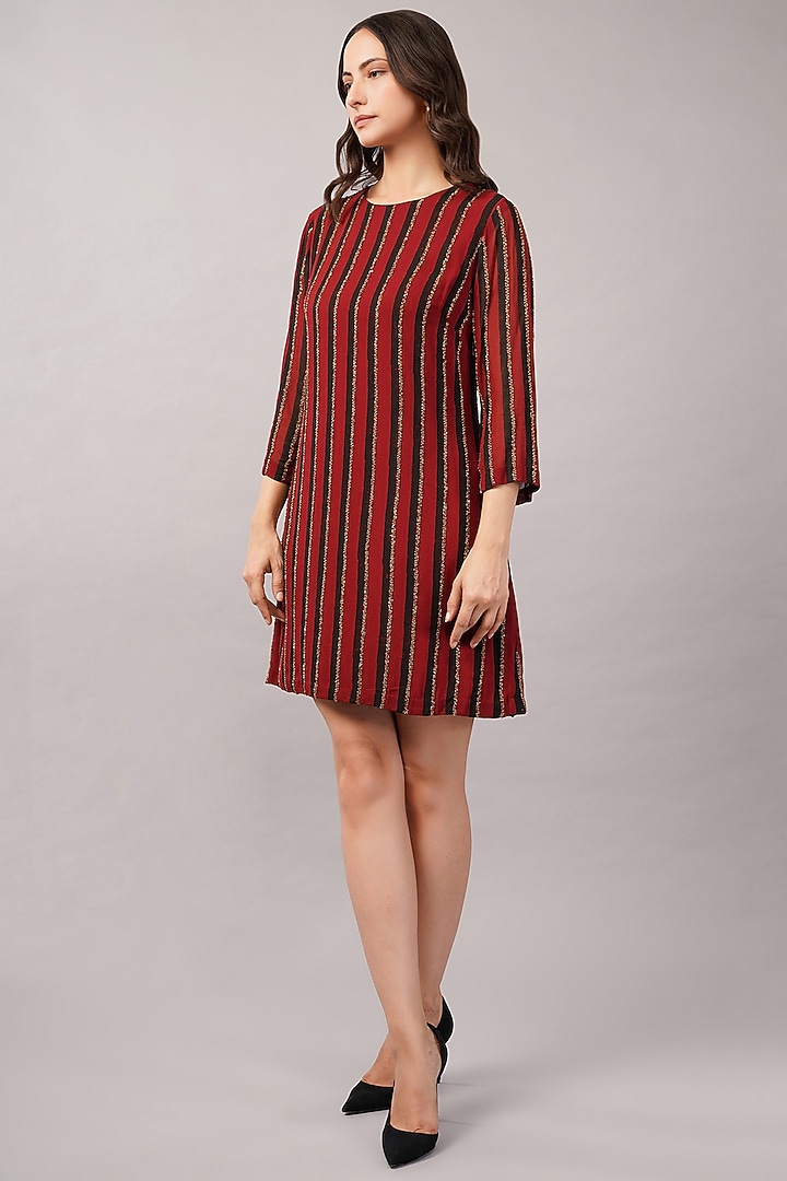 Maroon Viscose Georgette Hand Block Printed Mini Vacation Dress by Abraham & Thakore at Pernia's Pop Up Shop