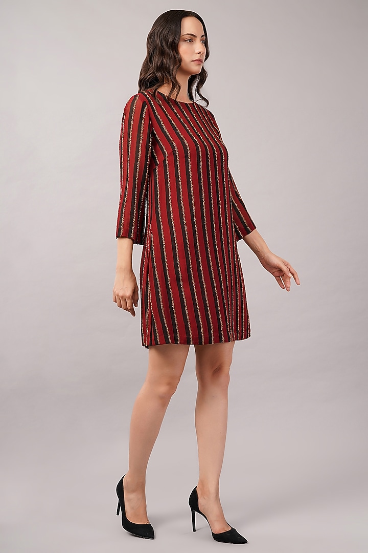 Maroon Viscose Georgette Hand Block Printed Mini Vacation Dress by Abraham & Thakore at Pernia's Pop Up Shop