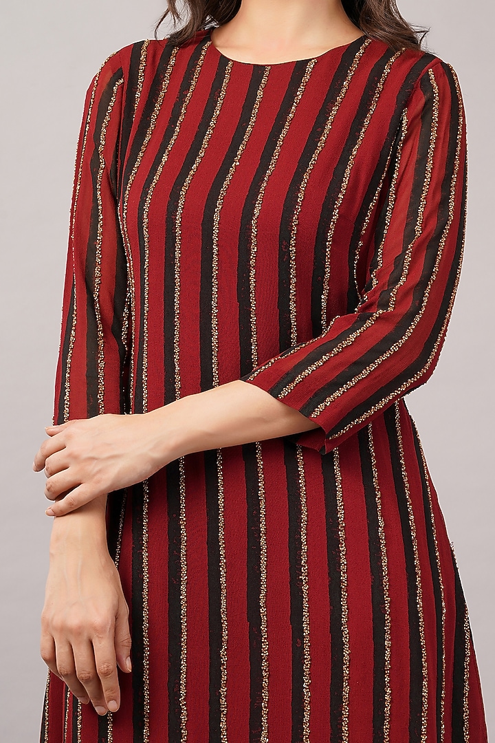 Maroon Viscose Georgette Hand Block Printed Mini Vacation Dress by Abraham & Thakore at Pernia's Pop Up Shop