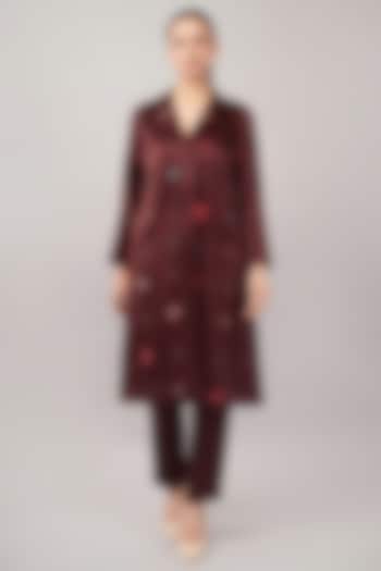 Cherry Red Viscose Satin Hand Embroidered Jacket by Abraham & Thakore at Pernia's Pop Up Shop