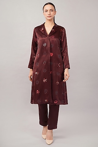Cherry Red Viscose Satin Hand Embroidered Jacket by Abraham & Thakore