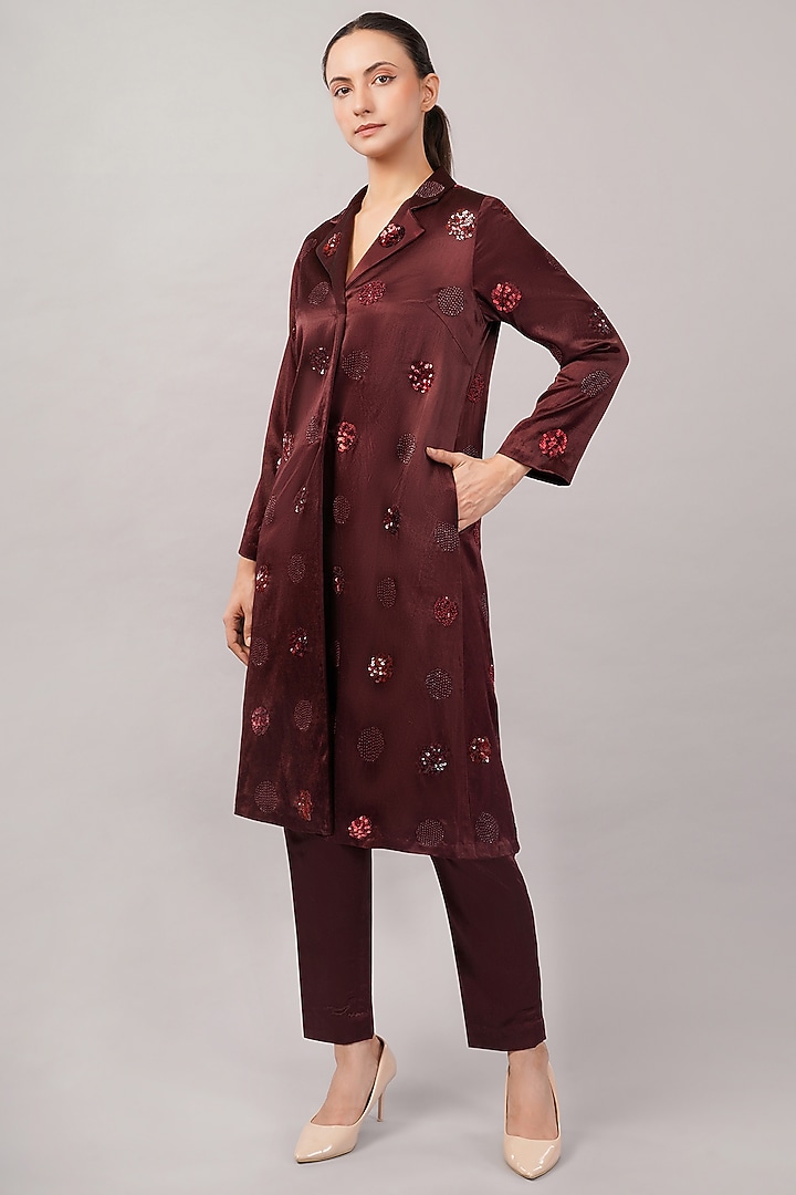 Cherry Red Viscose Satin Hand Embroidered Jacket by Abraham & Thakore at Pernia's Pop Up Shop