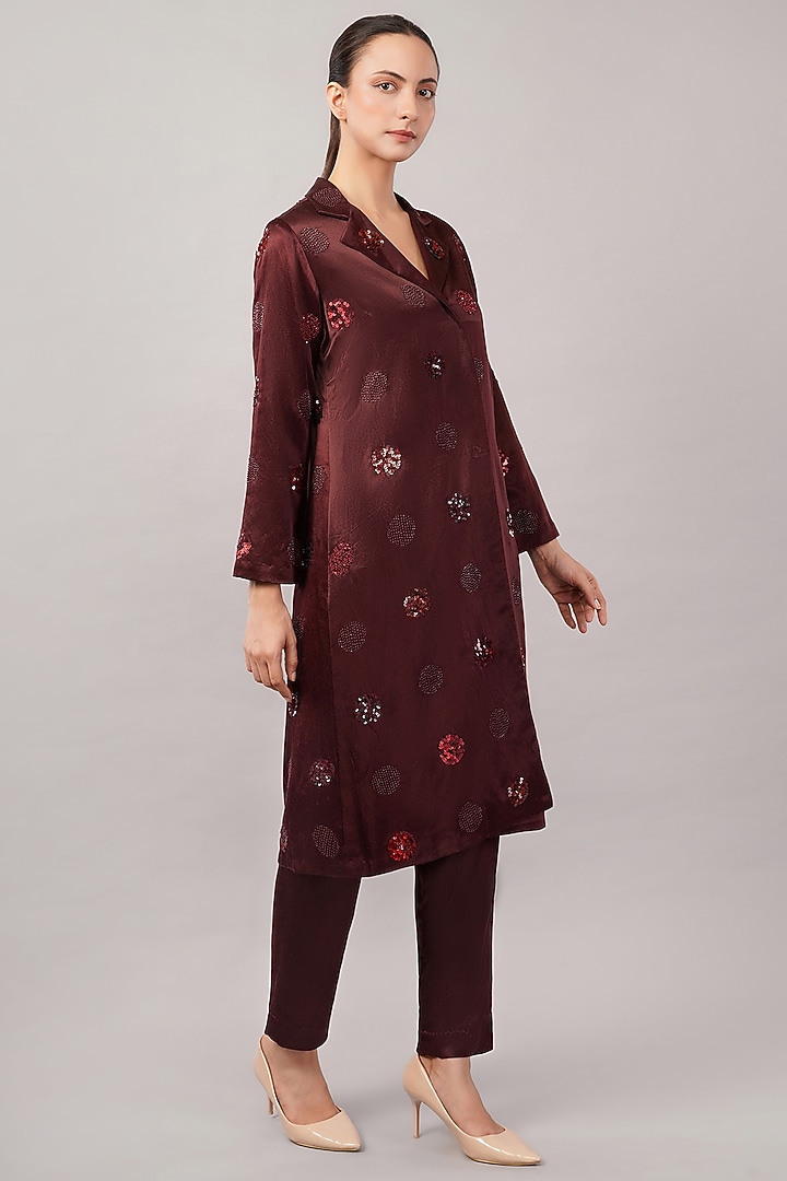 Cherry Red Viscose Satin Hand Embroidered Jacket by Abraham & Thakore at Pernia's Pop Up Shop