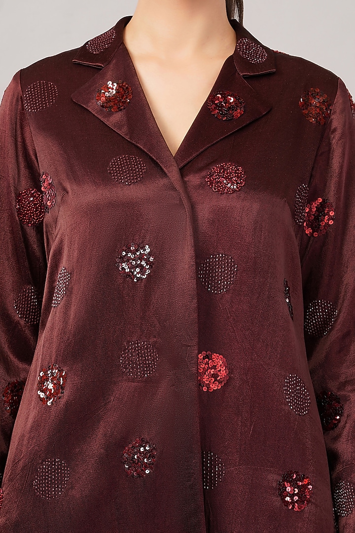 Cherry Red Viscose Satin Hand Embroidered Jacket by Abraham & Thakore at Pernia's Pop Up Shop