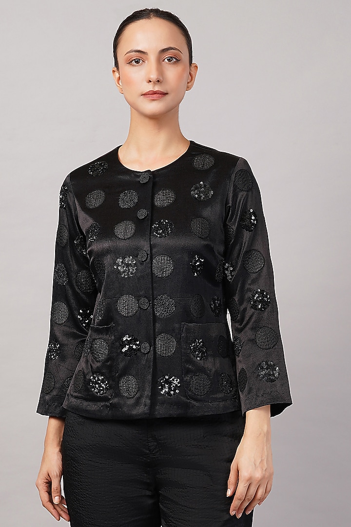 Black Viscose Satin Hand Embroidered Jacket by Abraham & Thakore at Pernia's Pop Up Shop