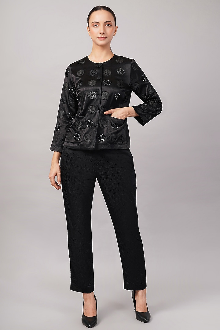 Black Viscose Satin Hand Embroidered Jacket by Abraham & Thakore at Pernia's Pop Up Shop