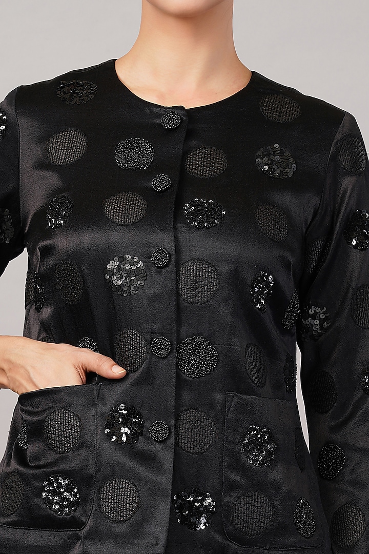 Black Viscose Satin Hand Embroidered Jacket by Abraham & Thakore at Pernia's Pop Up Shop