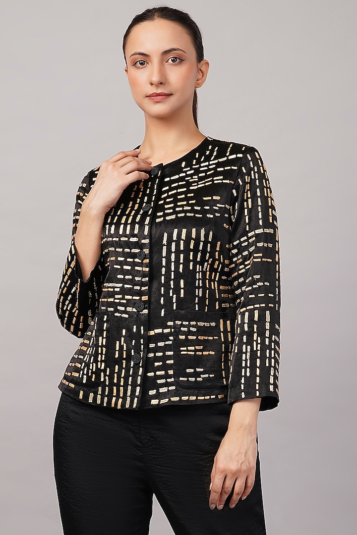 Black & Gold Viscose Georgette Gota Embroidered Jacket by Abraham & Thakore at Pernia's Pop Up Shop