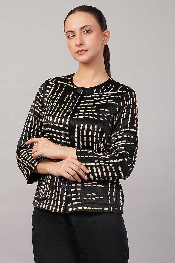Black & Gold Viscose Georgette Gota Embroidered Jacket by Abraham & Thakore at Pernia's Pop Up Shop