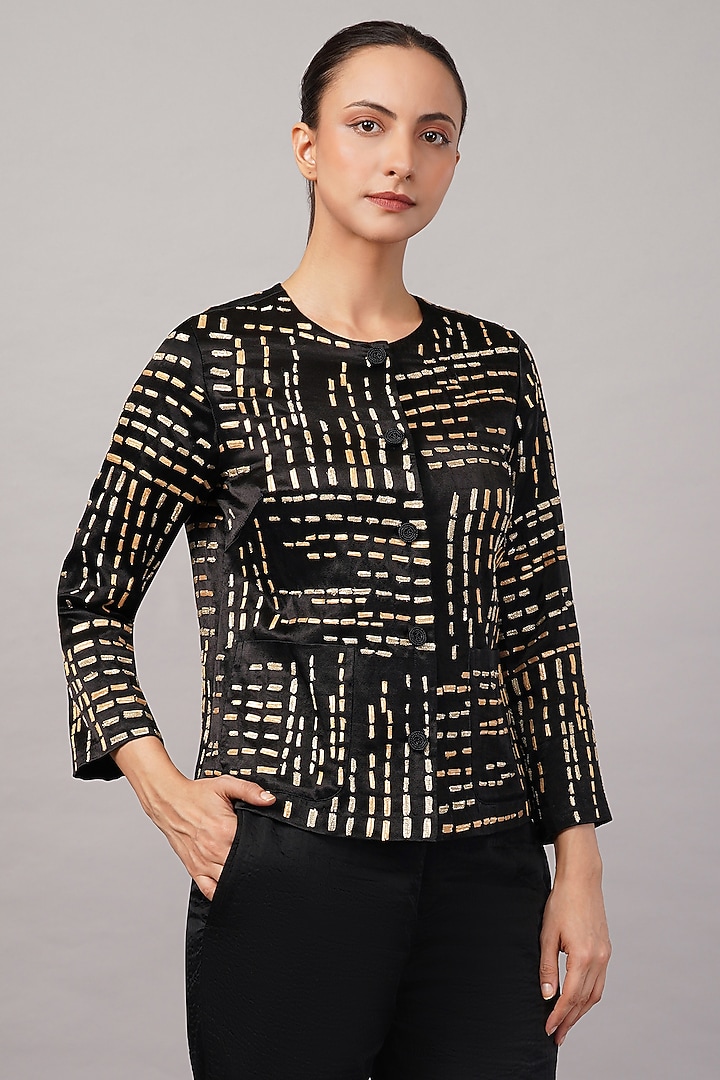 Black & Gold Viscose Georgette Gota Embroidered Jacket by Abraham & Thakore at Pernia's Pop Up Shop