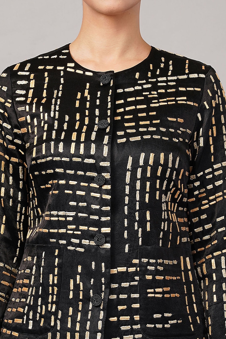 Black & Gold Viscose Georgette Gota Embroidered Jacket by Abraham & Thakore at Pernia's Pop Up Shop