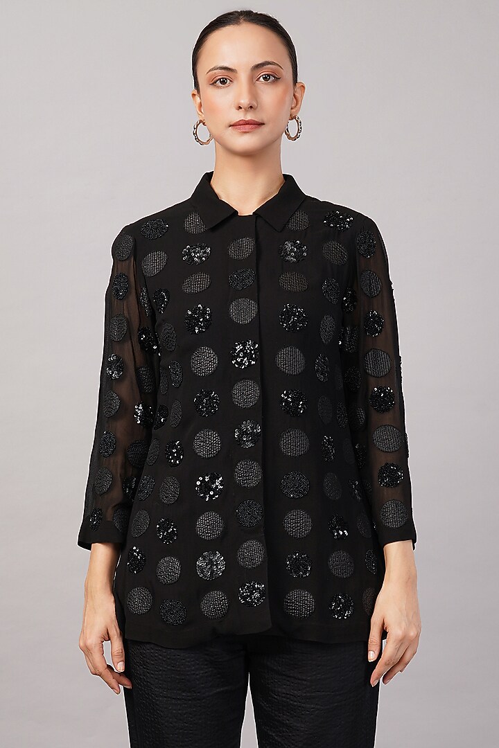 Black Viscose Georgette Hand Embroidered Shirt by Abraham & Thakore at Pernia's Pop Up Shop
