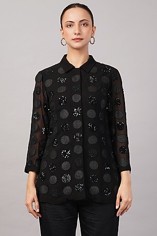 Black Viscose Georgette Hand Embroidered Shirt by Abraham & Thakore