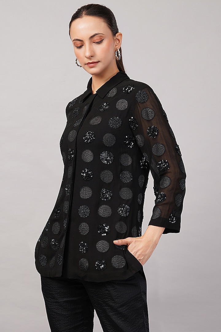 Black Viscose Georgette Hand Embroidered Shirt by Abraham & Thakore at Pernia's Pop Up Shop