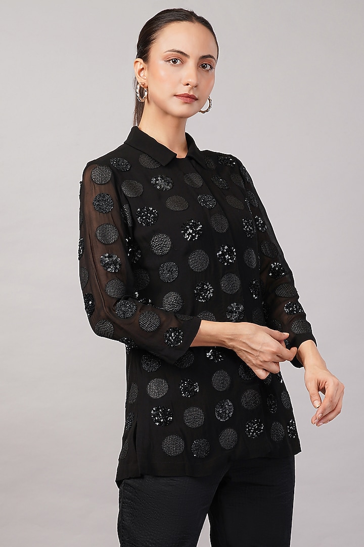Black Viscose Georgette Hand Embroidered Shirt by Abraham & Thakore at Pernia's Pop Up Shop