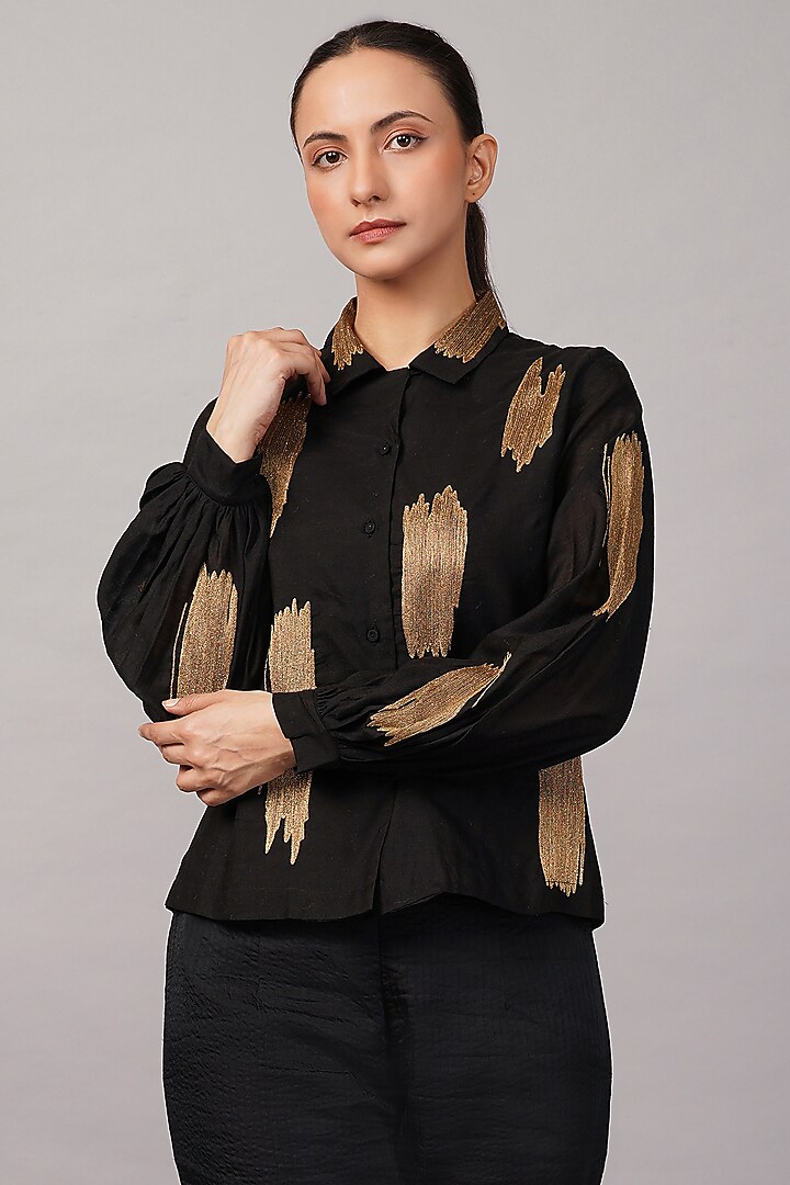Black Chanderi & Silk Hand Embroidered Shirt by Abraham & Thakore at Pernia's Pop Up Shop