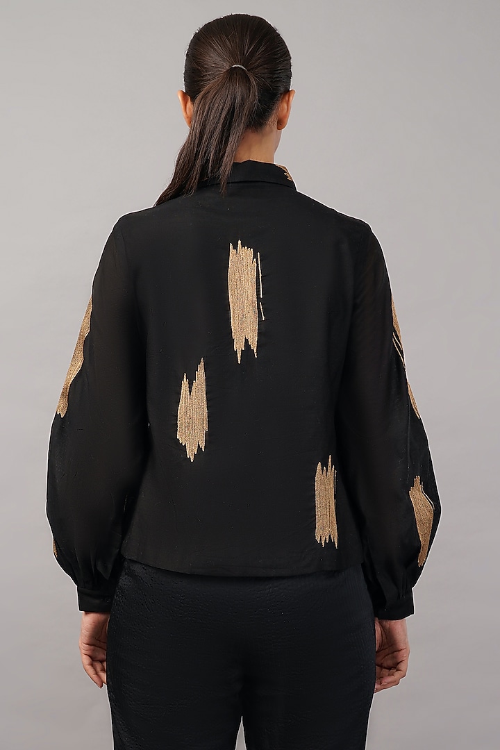 Black Chanderi & Silk Hand Embroidered Shirt by Abraham & Thakore at Pernia's Pop Up Shop