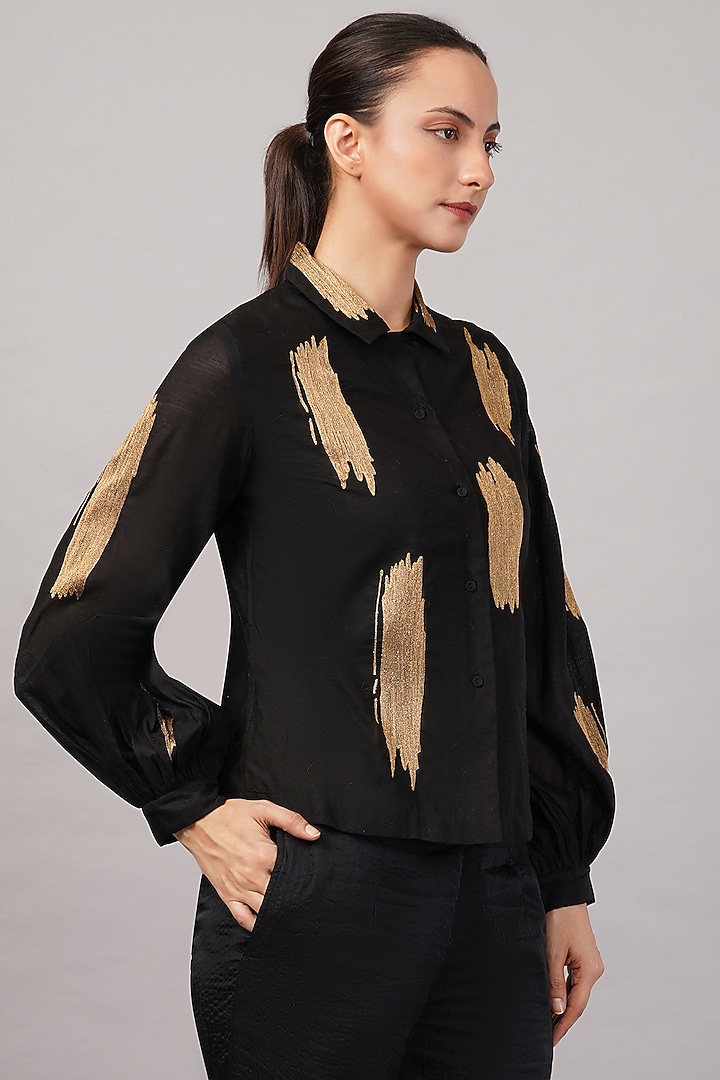 Black Chanderi & Silk Hand Embroidered Shirt by Abraham & Thakore at Pernia's Pop Up Shop