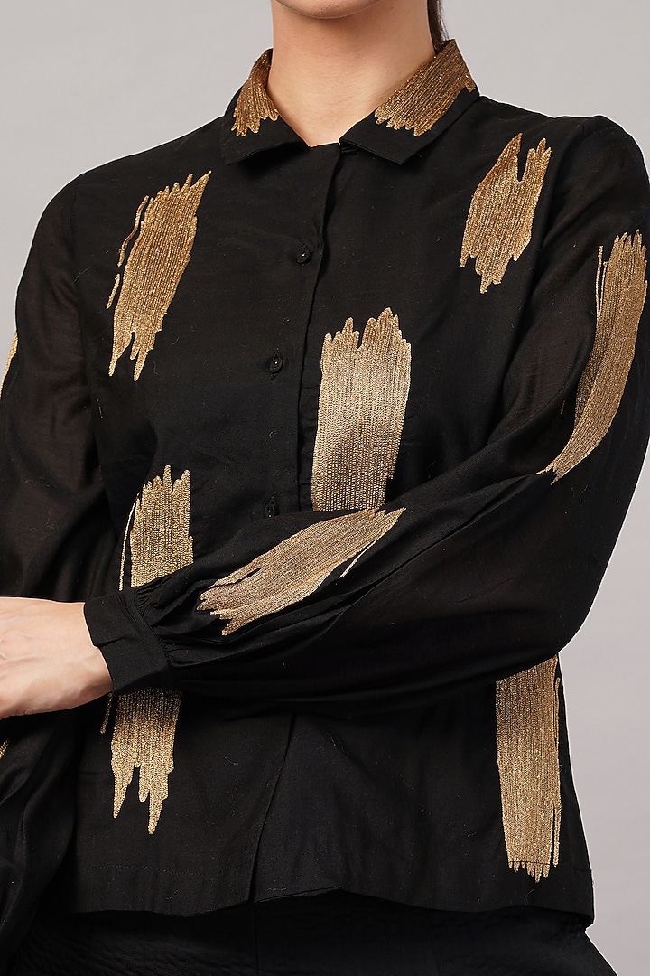 Black Chanderi & Silk Hand Embroidered Shirt by Abraham & Thakore at Pernia's Pop Up Shop