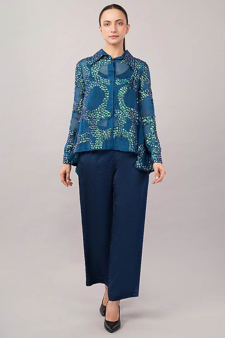 Blue Viscose Organza Hand Embroidered Shirt by Abraham & Thakore at Pernia's Pop Up Shop