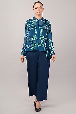 Blue Viscose Organza Hand Embroidered Shirt by Abraham & Thakore