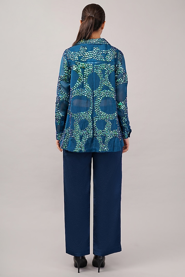 Blue Viscose Organza Hand Embroidered Shirt by Abraham & Thakore at Pernia's Pop Up Shop
