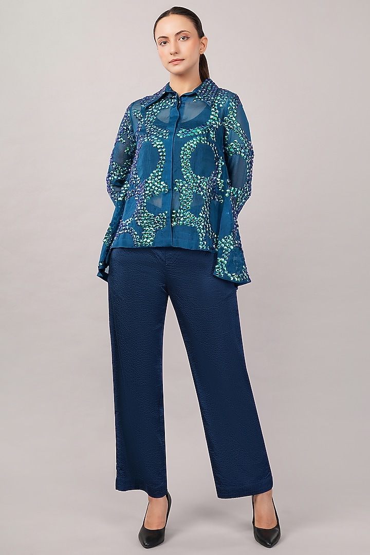 Blue Viscose Organza Hand Embroidered Shirt by Abraham & Thakore at Pernia's Pop Up Shop