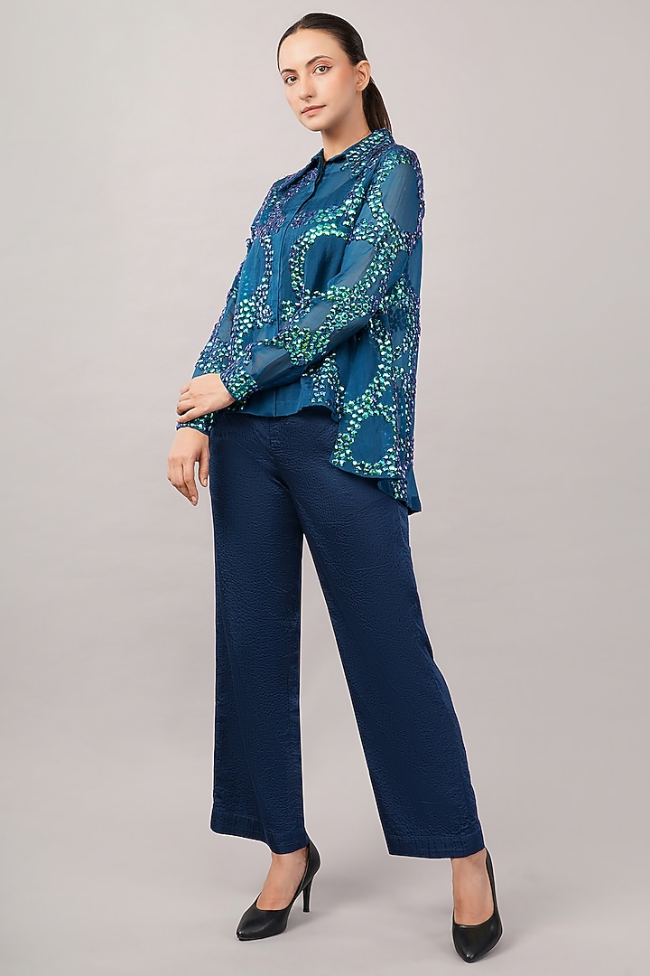 Blue Viscose Organza Hand Embroidered Shirt by Abraham & Thakore at Pernia's Pop Up Shop