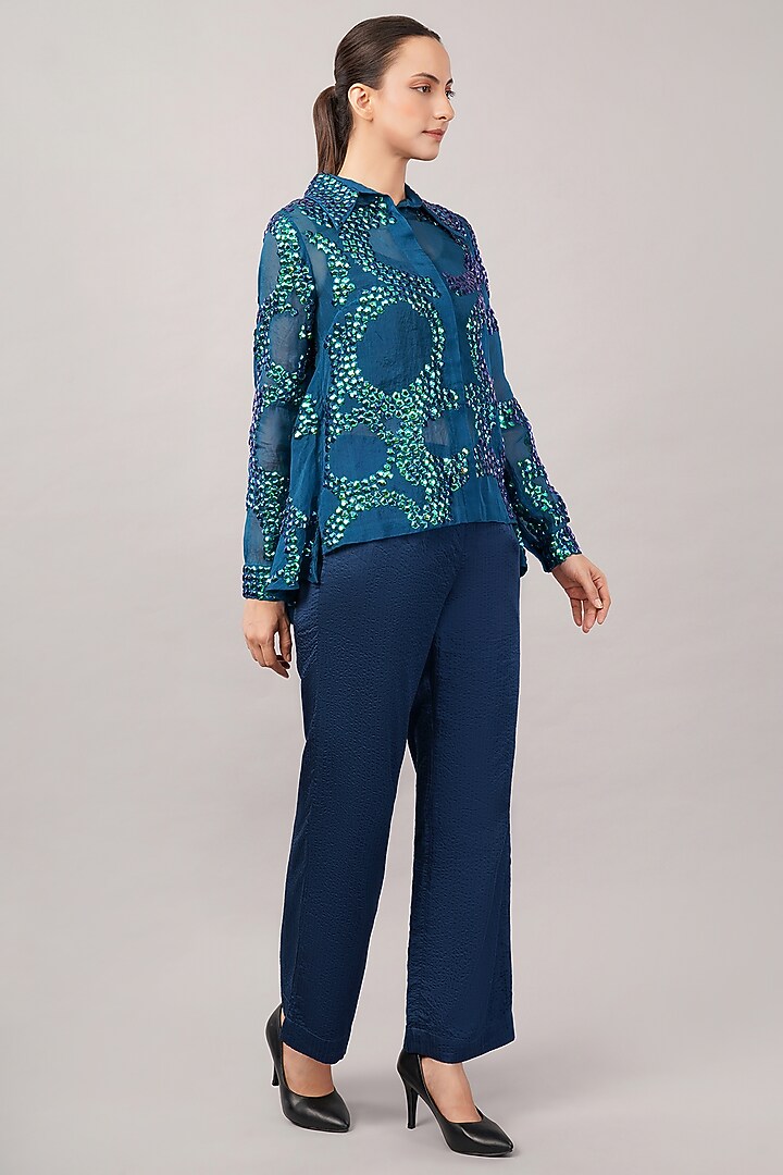 Blue Viscose Organza Hand Embroidered Shirt by Abraham & Thakore at Pernia's Pop Up Shop