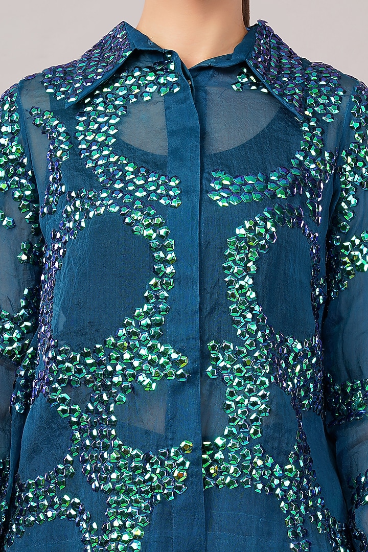 Blue Viscose Organza Hand Embroidered Shirt by Abraham & Thakore at Pernia's Pop Up Shop
