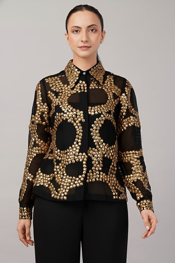 Black & Gold Viscose Organza Hand Embroidered Shirt by Abraham & Thakore at Pernia's Pop Up Shop