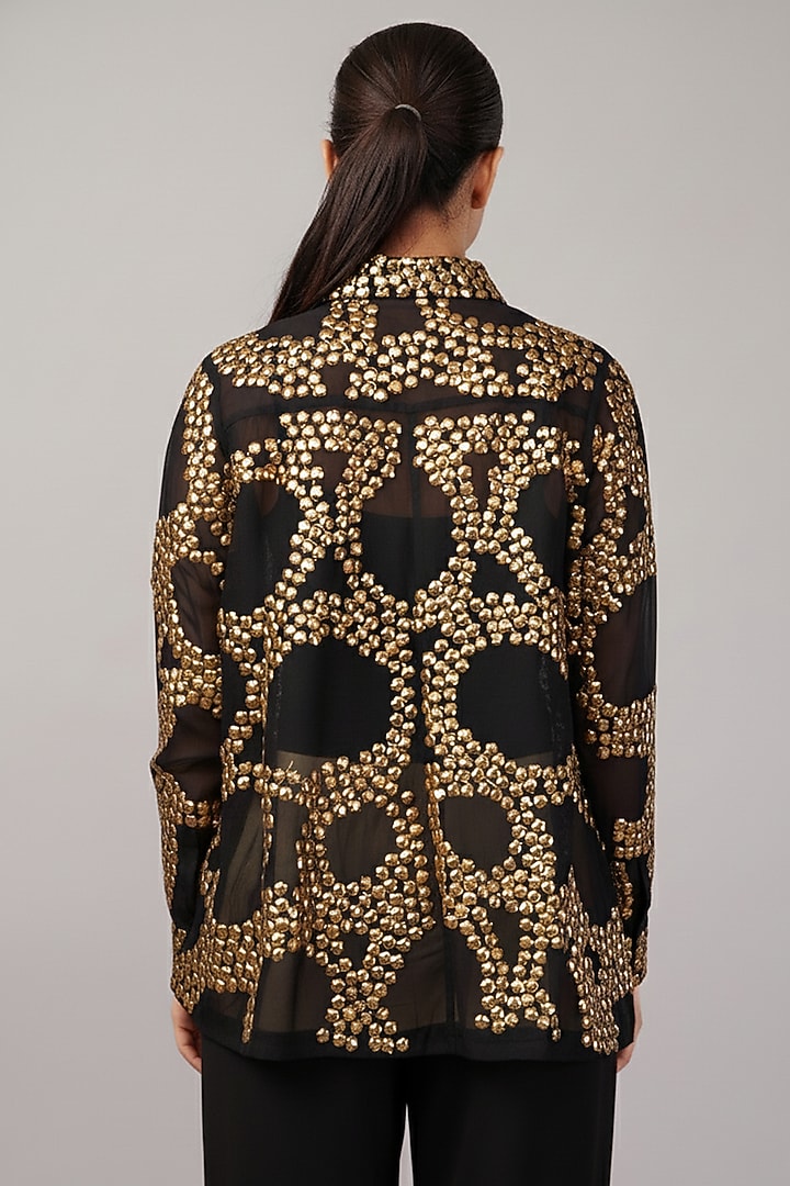 Black & Gold Viscose Organza Hand Embroidered Shirt by Abraham & Thakore at Pernia's Pop Up Shop