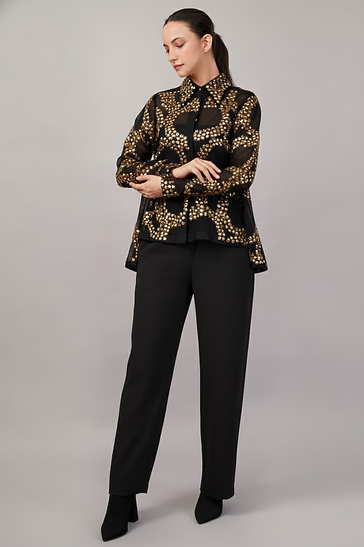 Black & Gold Viscose Organza Hand Embroidered Shirt by Abraham & Thakore at Pernia's Pop Up Shop